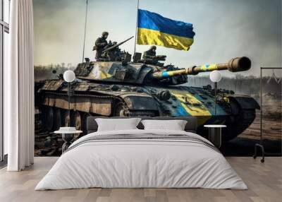 Battle tank, Ukraine flag. Military heavy vehicle. Army equipment for war and defense.   Wall mural