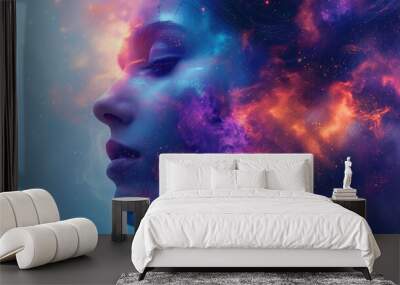 beautiful fantasy abstract portrait of a beautiful woman double exposure with a colorful digital paint splash or space nebula Wall mural