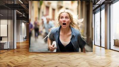 Blonde young woman running away in panic. Generative AI Wall mural