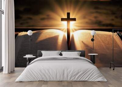 Bright sun light and bible book and the cross silhouette of the Holy Jesus Christ guiding the bright path. Generative AI Wall mural