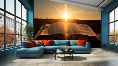 Bright sun light and bible book silhouette of the Holy Jesus Christ guiding the bright path. Generative AI	
 Wall mural