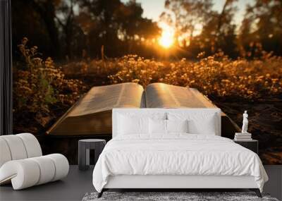 Bright sun light and bible book silhouette of the Holy Jesus Christ guiding the bright path Wall mural