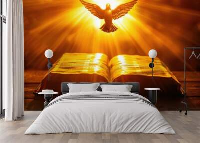 Bright sun light and Holy Spirit dove flying over a bible book silhouette of the Holy Jesus Christ guiding the bright path.	
 Wall mural