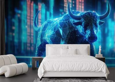 Bull and stock market graph in blue, digital technology and futuristic style. Generative AI Wall mural