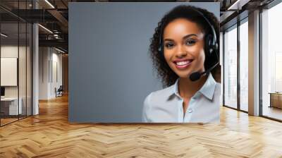 Call center, black young woman and smile in contact us with CRM, headset with mic and mockup space. Customer service, happy female and telemarketing with sales and help desk. gray background,  Wall mural