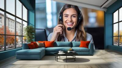 Call center, young woman and smile in contact us with CRM, headset with mic and mockup space. Customer service consultant, happy female and telemarketing with sales and help desk. Generative AI Wall mural