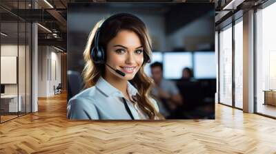 Call center, young woman and smile in contact us with CRM, headset with mic and mockup space. Customer service consultant, happy female and telemarketing with sales and help desk Wall mural