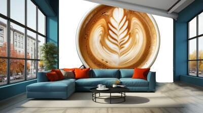 cappuccino coffee isolated on white background, top view, view from above, delicious cappuccino coffee drink in glass cup hot beverage, for cafe, coffee shop, menu PNG Wall mural