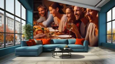 celebration, holidays and people concept - happy family and friends having dinner party at home	 Wall mural