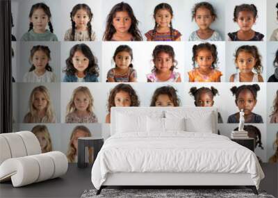 composite portrait of little girls of different cultures headshots on white background, including all ethnic, racial, and geographic types of male children in the world Wall mural