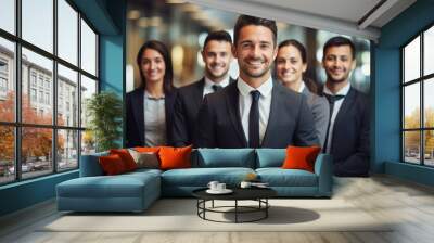 confident business team posing with it's leader at a corporate office. Wall mural