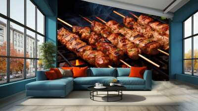 Cooking Skewered meat barbecue, charcoal-grilled kebab, outdoor skewer cooking, cut steak skewers,  Wall mural