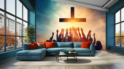 Crowd of people worshiping the cross Wall mural