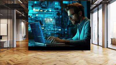 Data scientist, Programmer using laptop analyzing financial data on futuristic virtual interface. Algorithm. Global business development, strategy and planning, digital technology. Wall mural