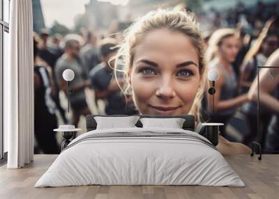 female marathon runner  is taking a selfie while running through a crowd of other runners, with the city skyline in the background , wide angle view. Generative AI Wall mural