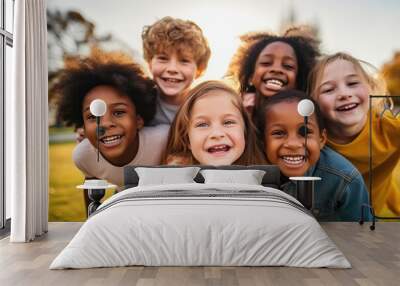 Group of diverse cheerful fun happy multiethnic children outdoors at the schoolyard Wall mural