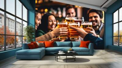 group of people cheering and drinking beer at bar pub table -Happy young friends enjoying happy hour at brewery restaurant-Youth culture-Life style food and beverage. Generative AI Wall mural