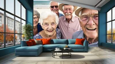 Group of smiling seniors at the beach looking at the camera. Generative AI Wall mural