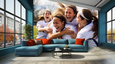 Group of young female soccer players celebrating victory Wall mural