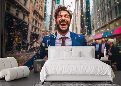 happy business person wearing a suit throwing confetti in a downtown city street. 	 Wall mural