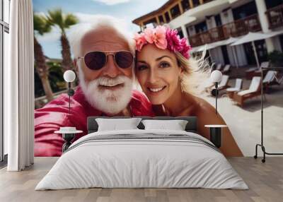 Happy Old wealthy rich man posing with his gorgeous  young girlfriend at a luxurious tropical resort taking a selfie looking at the camera Wall mural