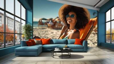 Happy Smiling African woman sitting on deck chair at beach. Wall mural