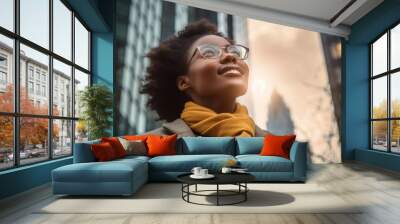 Happy wealthy rich successful black businesswoman standing in big city modern skyscrapers street on sunset thinking of successful vision, dreaming of new investment opportunities. Generative AI Wall mural