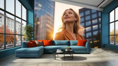 Happy wealthy rich successful businesswoman standing in big city modern skyscrapers street on sunset thinking of successful future vision, dreaming of new investment opportunities. Generative AI Wall mural