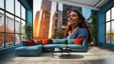 Happy wealthy rich successful hispanic businesswoman standing in big city modern skyscrapers street on sunset thinking of successful vision, dreaming of new investment opportunities. Generative AI Wall mural