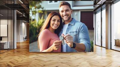 Happy young couple holding their home keys looking at the camera at their house front yard  Wall mural