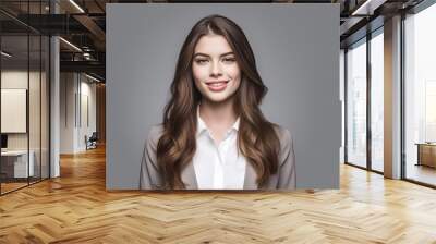 Happy young smiling confident professional business woman wearing casual, pretty stylish female executive looking at camera, looking at camera isolated on gray background, Generative AI Wall mural