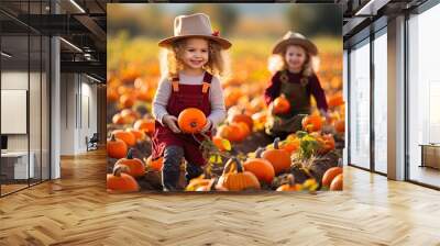 Kids picking pumpkins on Halloween pumpkin patch Wall mural