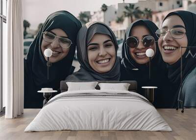 Laughing young Arab women wearing a hijab. Generative AI  Wall mural