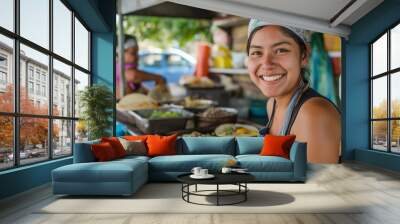 Mexican woman working at a street taco shop Wall mural