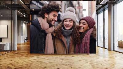 Multiracial group of friends having fun together outdoors on city street- in winter - Young cheerful people walking hugging outside- Next gen z lifestyle concept-Smiling students Wall mural