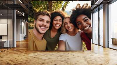 Multiracial group of friends having fun together outdoors on city street- Young cheerful people walking hugging outside- Next gen z lifestyle concept-Smiling student enjoying vacation Wall mural