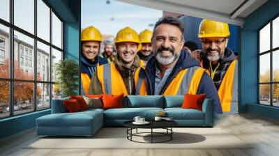 Multiracial smiling workers  having fun inside container cargo terminal at maritime port Wall mural