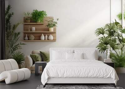 modern living room with a white couch and a lot of green plants Wall mural