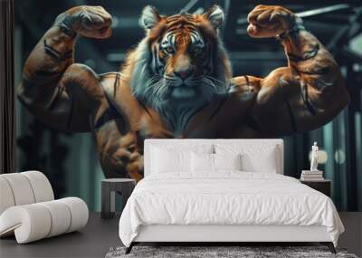 Portrait of a strong roaring male tiger in a gym. Bodybuilding concept Wall mural