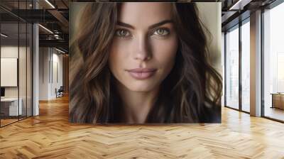 portrait of an attractive brunette woman with long hair, 30 years old, she is happy, looking straight to the camera, generative ai Wall mural