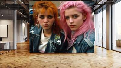 Portrait of two beautiful punk girls with colored dyed hair. Punk style. Urban tribes. Generative AI	 Wall mural