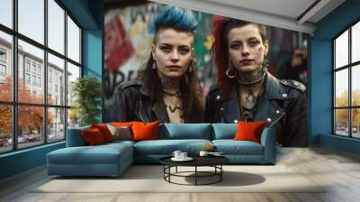 Portrait of two beautiful punk girls with colored dyed hair. Punk style. Urban tribes. Generative AI Wall mural