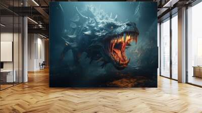 Sea monster open its mouth with teeth, fantasy underwater creature Wall mural