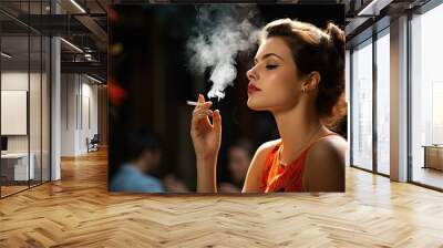 Sensual attractive young woman smoking a cigarette  Wall mural