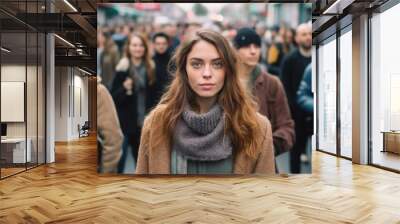 Serious attractive young woman posing in a crowded sidewalk Wall mural