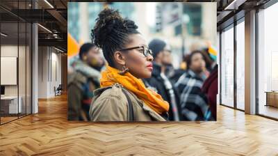 Serious black female activist protesting outdoors with group of demonstrators in the background. Wall mural