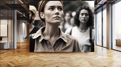 Serious Female activist protesting outdoors with group of demonstrators in the background. Generative AI Wall mural