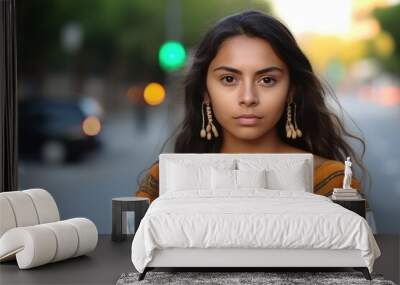 Smiling attractive hispanic young woman looking at the camera. Generative AI	 Wall mural