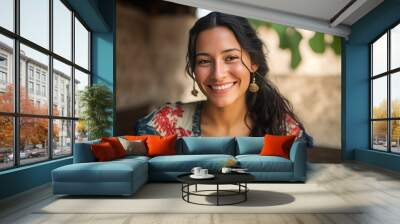 Smiling attractive hispanic young woman looking at the camera. Generative AI	
 Wall mural