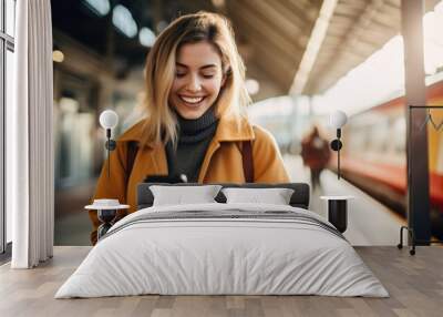 Smiling attractive woman looking at his smart phone at a train station. Wall mural